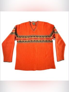 Eddie Bauer Orange V-Neck Sweater with Patterned Chest Band